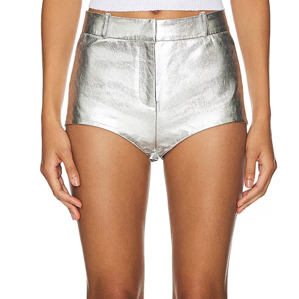 LAMARQUE Annaise Short in Metallic Silver Leather Micro Mini Booty Hot Pants XS